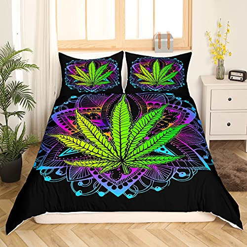 Cannabis Unkraut Blätter Trösterbezug Grün Marihuana Unkraut Blatt Bettwäsche Set Boho Exotisch Blau Lila Mandala Bettbezug Unkraut Blätter Tagesdecke Böhmische Marihuana Blätter Bettbezug, 135x200