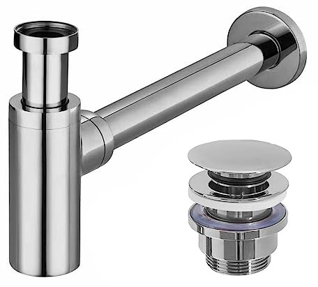 Rea Siphon + Click Clack Waschbeckenstöpsel Universal Chrom für Waschbecken & Waschtisch aus Messing (Chrome)