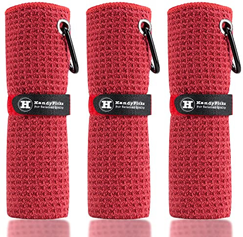 Handy Picks Mikrofaser-Golf-Handtuch (40,6 x 40,6 cm) mit Karabiner-Clip, Waffelmuster, Golf-Handtuch, Klettverschluss – das praktische Golf-Reinigungstuch, Rot