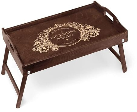 Maverton Serviertisch mit Gravur, Snack-Tablett mit Griffen, Dunkelbraun | Klappbare Beine, erhöhter Rand, Geburtstagsgeschenk für Frauen, Einzugsgeschenke, Dunkelbraun, Ornament