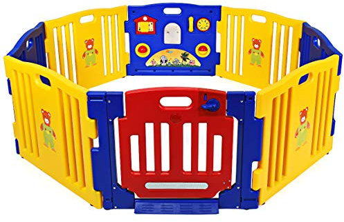 GOPLUS Baby Laufgitter, Laufstall mit Spielzeug, Absperrgitter mit Tür & Schloss, Krabbelgitter aus Kunststoff, Frei Kombinierbares Design, Stabil mit Saugnapf, für Zuhause & Kindergarten, Gelb