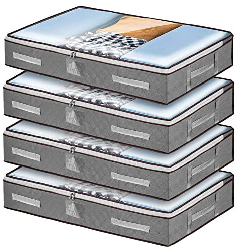 wsryx Confezione da 4 sacchetti portaoggetti sotto il letto con coperchio, pieghevoli e grandi, con cerniera, per biancheria da letto, con manici rinforzati con finestra trasparente (4 pezzi)