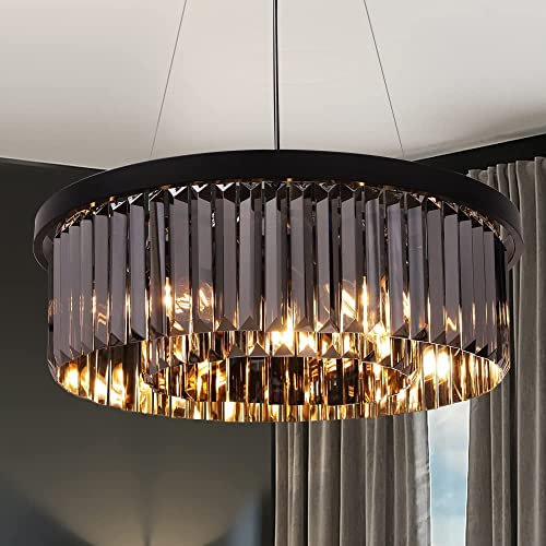 Wellmet Kristall Kronleuchter Modern Kristallleuchter luxus Pendelleuchter Esstisch Hängeleuchte Schwarz 6-Licht Ø55cm Lüster Wohnzimmer Glas Deckenleuchte Rund Crystal Schlafzimmerlampe Rauchgrau