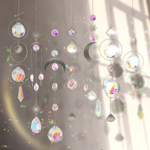 nuyikaso 7 Stück Sonnenfänger Kristall Hanging Windspiel Regenbogen Sonnen Mond Anhänger Kristalle Ornament Kristallkugeln für Fenster Haus Garten Weihnachten Tag Party Hochzeit Dekoration Silber