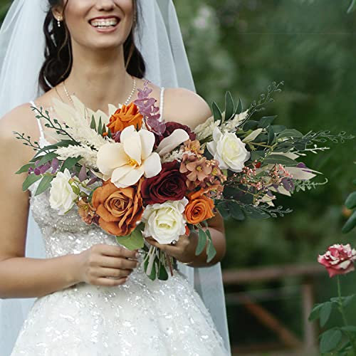 Rinlong Herbst-Hochzeitssträuße für Braut, gebranntes Orange, asymmetrischer Brautstrauß für Hochzeit, Boho, Terrakotta, Blumensträuße für Hochzeit, Zeremonie, Vorschlag