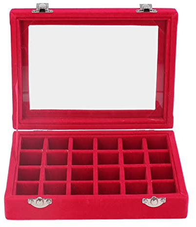 Tissting Samt Schmuckkasten Organizer, 24-Fach Schmuckbox mit Glasdeckel für Ringe Ohrringe Halsketten, Rot, Stapelbar mit Herausnehmbaren Fächern Geschenkidee für Frauen