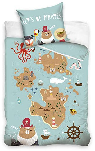 MTOnlinehandel Pirat Bettwäsche Bettbezug 135x200 80x80 100% Baumwolle · Bettwäsche-Set für Kinder · 2 teilig · Kinderbettwäsche blau