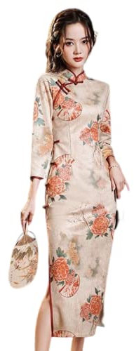 CBROOT Robe Cheongsam Chinoise pour Femme -Mode Élégant Cheongsam Automne Hiver Fille Chinoise Rétro Jeune Style Amélioré Quotidien À Manches Longues Robe De Mariée Mince, 3XL