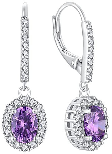 YL Damen Ohrhänger 925 Sterling Silber Februar Geburtsstein Amethyst Oval Ohrringe