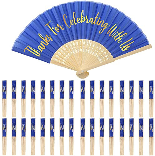 Jetec 50 Pcs Royal Blue Silk Hand Fans Bulk Wedding Fans for Guests Handheld Folded Thanks for Celebrating with Us Wedding Favors for Bridal Bridesmaid Baby Shower Dancing Party Church Gift
