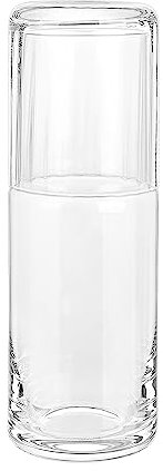 elle decor Bedside Water Carafe with Cup Set | Smooth Glass Pitcher and Ribbed Drinking Glass Doubles as Lid | 27-Ounce Jug for Guest Room, Office, or Gift | 3” x 8.5” (Clear)