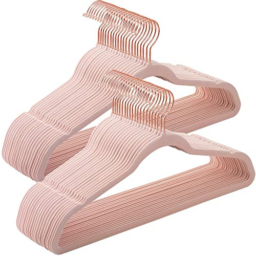 SONGMICS Grucce Velluto 50 Pezzi, Grucce Appendiabiti Lunghe 41,5 cm, Salvaspazio, Capacità di Carico Elevata, Gancio Girevole a 360°, per Cappotti Camicie Completi, Rosa e Oro Rosa CRF026P02