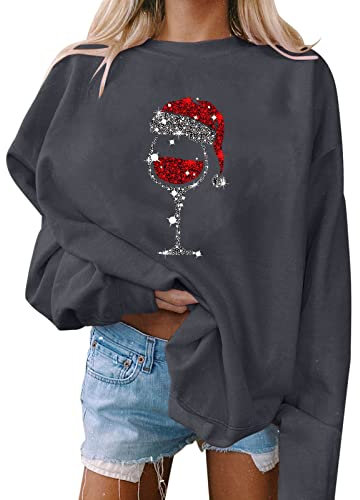 Damen Pullover, Weihnachten, Druck, O-Ausschnitt, lässiges, lockeres Sweatshirt, Rundhalsausschnitt, passende Pullover, Tops, Langarm, Workout-Shirts Schnorchel Shirt Damen (Dark Gray, L)