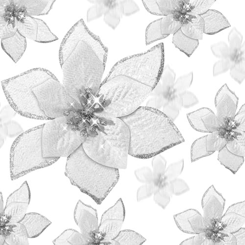 WILLBOND 24 Stück Weihnachtssterne in 3 Größen, künstliche Weihnachtsdekoration, Glitzer, Weihnachtsstern, künstliche Blumen für den Weihnachtsbaum im Freien (10,2 cm, 1,5 cm, 20,1 cm, Silber)