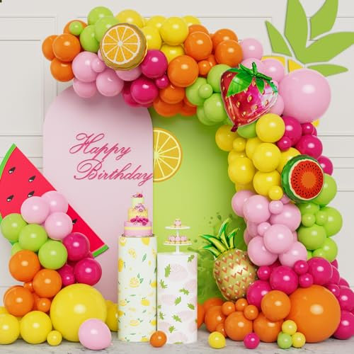 Tropisches Obst Ballon Bogen Set, 123 Stück Rosenrot Gelb Orange Ballons Girlanden Set Rosa Grüne Luftballons mit Früchte Folienballons für Sommer Party Geburtstag Babyparty Gartenparty Dekorationen