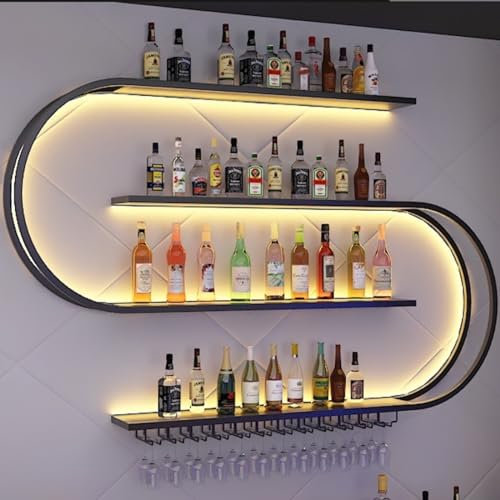 Wand montiertes Weinregal, halbrundes mehrschichtiges Weinregal mit Weinglashaken, Weinflaschen-Präsentationsregal aus Eisen, geeignet für Küche, Bar, Café (ohne Glühbirnen) (Black, 120 * 20 * 120CM)