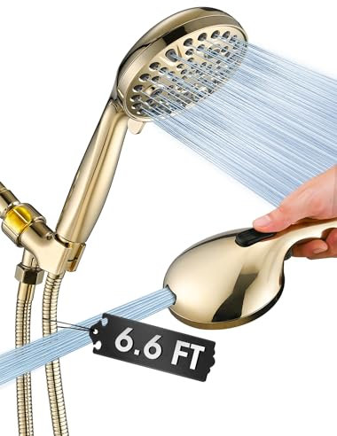 High Pressure 10 Setting Handheld Shower Head, 5 Detachable Showerhead Spray Built-in Power Wash to Clean Tub, Tile & Pets, 79 Extra Long Stainless Steel Hose, Adjustable Bracket - Gold