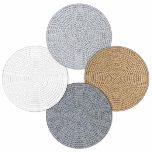fanquare 4er Set Weiß Tischsets Ø 30cm, Runde aus Gewebter Baumwolle Platzsets, Abwaschbare Hitzebeständig rutschfeste Tischmatten, Runde Platzdeckchen für Küche, Dekor