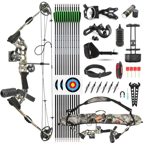SHARROW Kit Arco Compound 20-70lbs Regolabile Caccia Arco Compound e Frecce Set per Giovani Adulti e Principianti Tiro con l'arco Set LH/RH (Mano Destra, Camo)