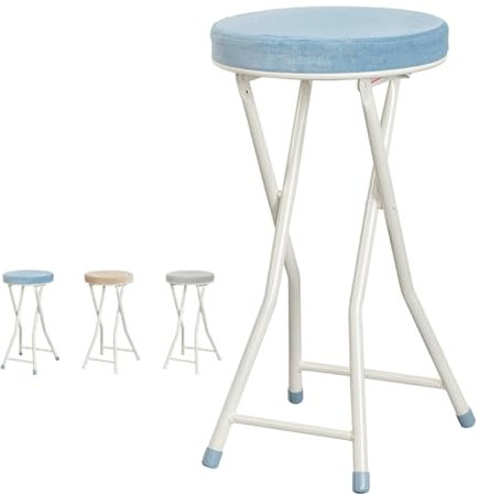 Sgabello pieghevole da bar 60 cm con schienale e copertura, sgabello alto pieghevole da cucina imbottito e rotondo con poggiapiedi, sedia alta pieghevole per casa (Color : Bleu, Size : 60cm/24in)
