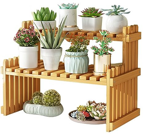 BFYDOAA 2 Tier Tabletop Plant Stand Step Style Wooden Desktop Flowerpot Display Shelf Decorative Organizer Rack for Office Windowsill Narrow Space(Small)