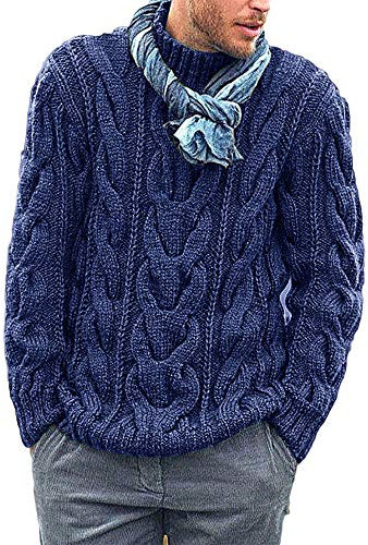 Runcati Knitted Mens Jumper Cable Knit Sweater Long Sleeve Ribbed High Neck Winter Pullover Thick Knitwear, Blue, XXL