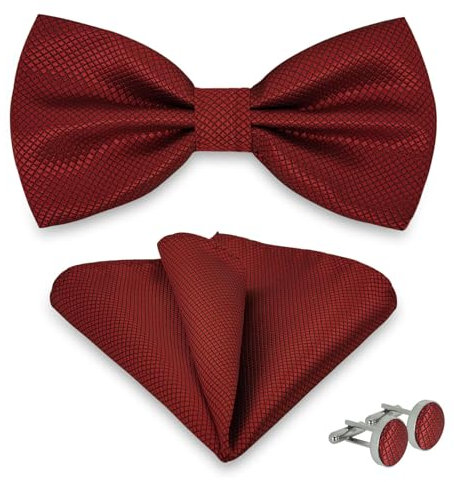 AUSUAYA Herrenfliege mit Einstecktuch und Manschettenknöpfen, Einstellbare Fliege mit Einstecktuch für Hochzeit Party M-B-TI9 (Weinrot)