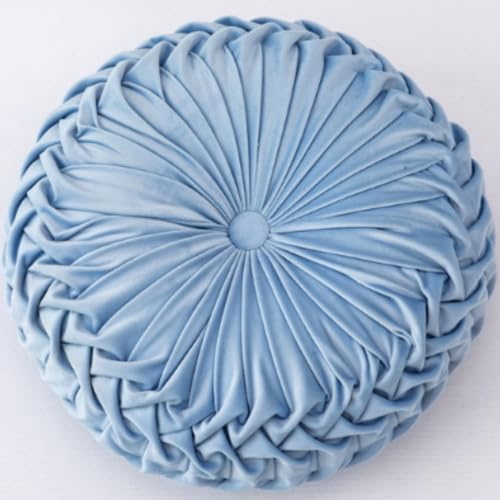OUKEYI Rundes Sofakissen, 35,1 cm, einfarbig, Samt, plissiertes rundes Kissen, Kürbiskissen, geeignet für Zuhause, Bett, Auto, Dekoration (Blau)