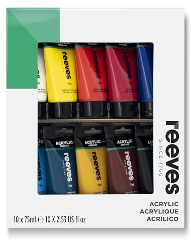 Reeves Acrylic Paint Set – 10 x 75ml Vibrant Primary Colour Tubes – Art Supplies for Adults Suitable for beginners, leisure and recreational users - Suitable for Multiple Surfaces