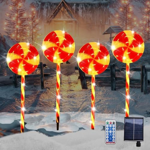 YOOWARM Solar Weihnachten Lutscher Lichterketten, 4 Stück LED Candy Lollipop Gartenstecker Lichterketten,Weihnachtsweg Marker, 8 Modi Solar Weihnachts Lichter Aussen für Garten Weihnachtsdeko Rasen