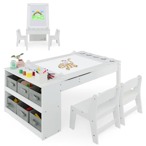 GYMAX 2 in 1 Kids Table and Chairs Set, Wooden Children Art Table with 2 Chairs, 6 Storage Boxes, Paper Roller & Shelves, Toddler Activity Table Set for Drawing (White, 5 Cups: 109 x 60 x 55cm)