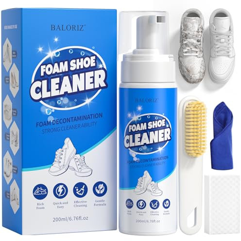 BALORIZ Sneaker Cleaner Kit, Shoe Cleaner Solution with Brush & Cleaning Cloth, No-Rinse White Trainer Cleaner for Shoes, Sneaker, Leather, Canvas (200 ml) (BLUE CLEANER)
