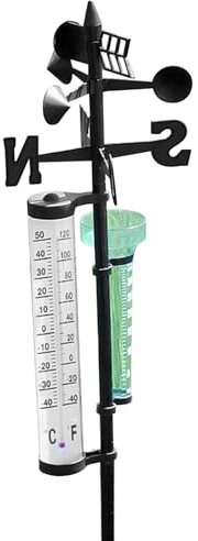 Drahtlose Wetterstation mit drehbarer Halterung, 55 Zoll, einfache Einrichtung, Wetterstation mit Regenmesser, Wetterthermometer und Wetterfahne für Gartenmessungen, Wetterfahne, Wetterthermometer, Re