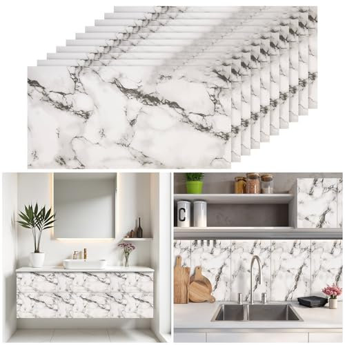 Warmiehomy Marble Tile Stickers 60x30cm 10Pcs Thicken Self Adhesive Wall Tiles Waterproof,Peel and Stick on Vinyl Marble Tiles for Living Room Bedroom Bathroom Kitchen Splashback,White Black Inks
