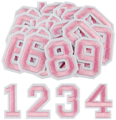 Morcheiong 40 Pcs Iron on Number Patches 0-9, 2 Inch Iron on Embroidered Numbers for Clothing, Pants, Hats, Bags- Pink