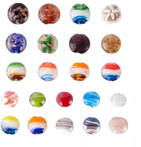 Lot de 50 Perles Rondes Plates en Verre soufflé, Styles variés, Perles d'espacement colorées