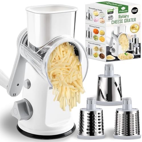 Rotary Cheese Grater with 3 Replaceable Stainless Steel Drum Blades and Strong Suction Base Kitchen Round Rotary Cheese Grater UK for Vegetables,Fruits,Nuts,The Perfect Kitchen Tool