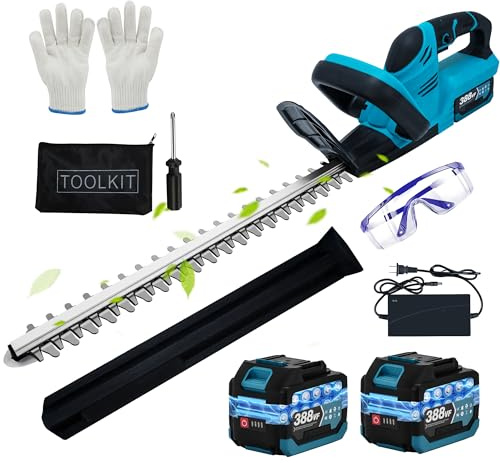 Heckenschere Akku für Makita Akku 18V, 500W Heckenschere Elektrisch, 51cm Schnittlänge,15 mm Zahnabstand, Dual Schnittklingen (Blau mit 2 Batterie)