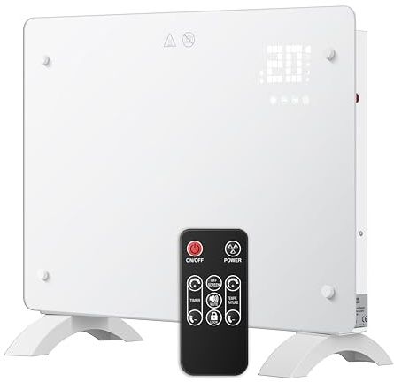 DONYER POWER 1000W Konvektor-Heizung, ultra-dünne Wandmontage oder freistehend, 24H Timer-Fernbedienung, ultra-weiße Glasscheibe