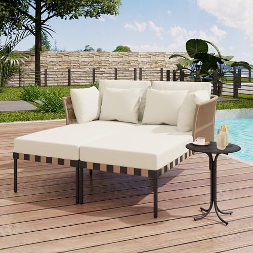 Jaxenor Gartenliegen Doppelbett mit Couchtisch, Sonnenliege 2 Personen, Abnehmbarer und Modularer Gartenliege mit 4 Kissen und Abnehmbarem Kissenbezug, Lounge Gartenmöbel für Pool, Beige
