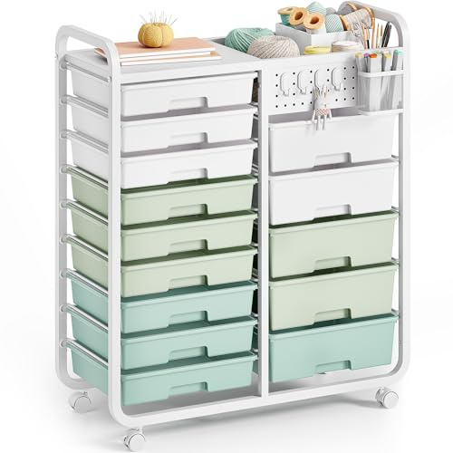 14-Drawer-Storage-Craft-Organizer-Trolley-Cart with DIY Pegboard & Hanging Basket & 4 Hooks for Office, Home, School Classroom, Art Supplies, Mobile Craft Organizer Drawer Cart, Green
