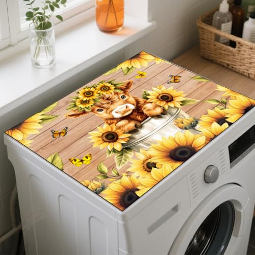 GLOBLELAND Highland Cattle Washer Dryer Dust Cover 23.6×19.7inch Sunflowers Cute Calf Washing Machine Top Protector Pads Non Slip Washing Machine Top Covers for Laundry Room Living Room Desk