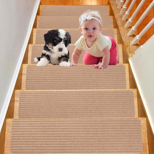 Duscdesp 15 Stück Treppenmatten, Treppenteppich Selbstklebend Antirutsch Treppe Stufenmatten Innen, Stufenteppich Treppen Teppich Treppenstufen für Kinder Ältere und Haustiere, 60x20cm (Khaki)