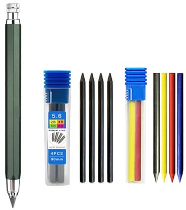 MROOFUL Druckbleistift-Set aus Metall, 5,6 mm, mit 4-farbiger Mine + schwarzer Mine (2B/4B/6B/8B) für Tischler, Markierung, Ingenieur, Skizzieren, Schreiben, automatischer Bleistift (grün)