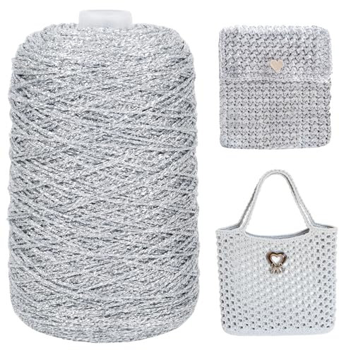 Uiopa Makramee Garn 2mm x 1000m Metallic Häkelgarn für Taschen, Polyester Garn Glitzer Taschengarn für Häkelkorb, Heimdekoration, DIY Handwerk (Silber)