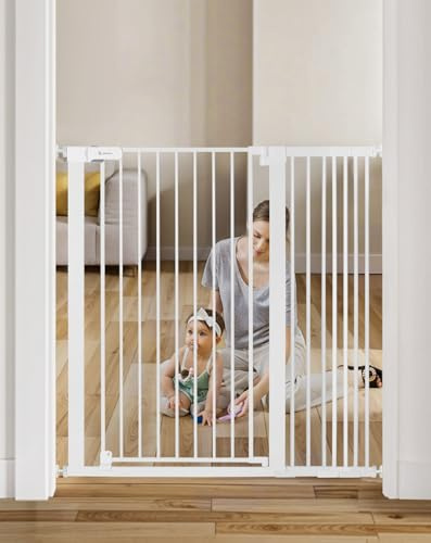 COMOMY 107 cm Extra Hoch Türschutzgitter, 75-110 cm Breit Treppenschutzgitter ohne Bohren, Türgitter für Baby, Kinder, Hund und Katze, Metall, Automatisches Schließen, 90°Stop (Weiß)