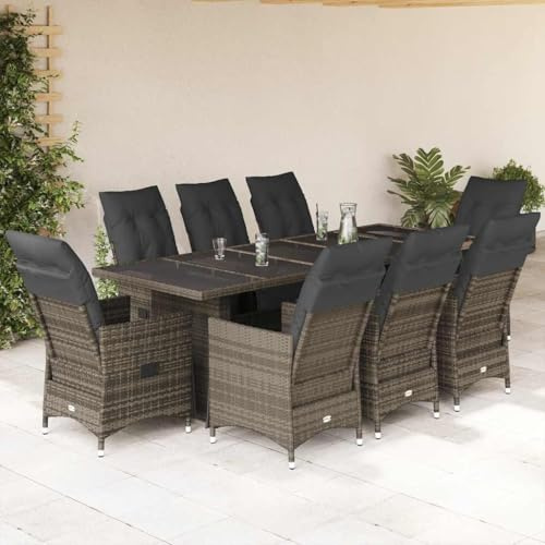 Teenpull 9-TLG. Garten-Bistro-Set mit Kissen Grau, Poly Rattan, verstellbare Relaxsessel, großer Tisch 240x90cm für Patio, Balkon, Essbereich