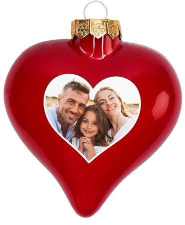 Herz & Heim® Personalisierte Weihnachtsbaumkugel in Herzform aus Glas – Christbaumkugel-Herz als Deko oder Geschenk – Weihnachtskugel mit Name oder Foto als Christbaumschmuck (Foto, Rot glänzend)