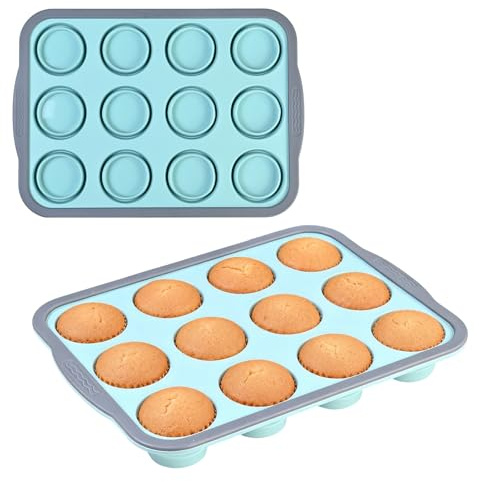2 Stück Muffin Backform 12er, 31x22,2x3,6cm Muffinform Blech Silikon mit Metallrahmen,Antihaftbeschichtet Muffinblech Mini Muffins Backform,Silikonform muffins Backblech für Muffins Cupcakes (Blau)