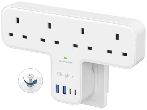 CRaghue Multi Plug Adapter, 8 in 1 Plug Extension Socket 4 Way with 4 USB, Plug Adapter UK, Wall Socket Plug Extender for School Home, Kitchen, Office, White